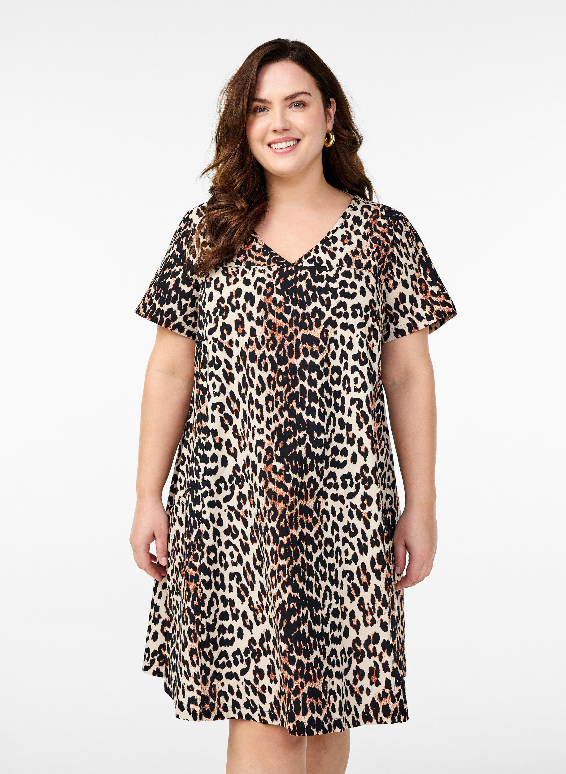Zizzi Kort a-shape kjole med leopardprint, Brun, Model image number 0