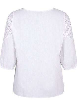 Bluse i bomuldsmix med hør og crochetdetalje, Bright White, Packshot image number 1