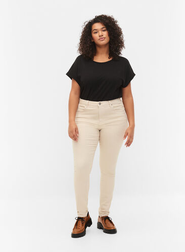 Højtaljede Amy jeans med super slim fit, Oatmeal, Model image number 0