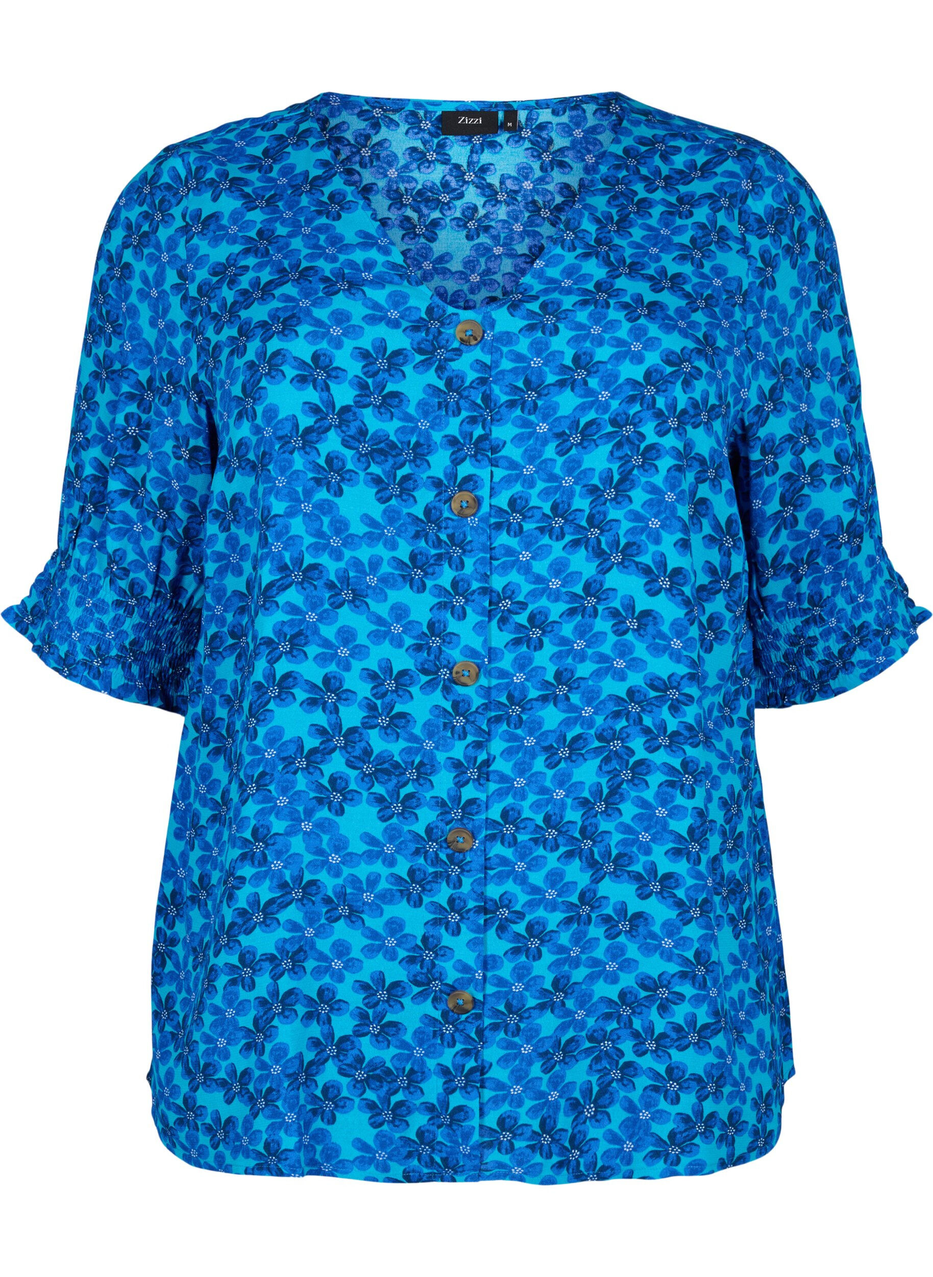 Zizzi Viskosebluse med knapper, Blue Small Flower, Packshot image number 0