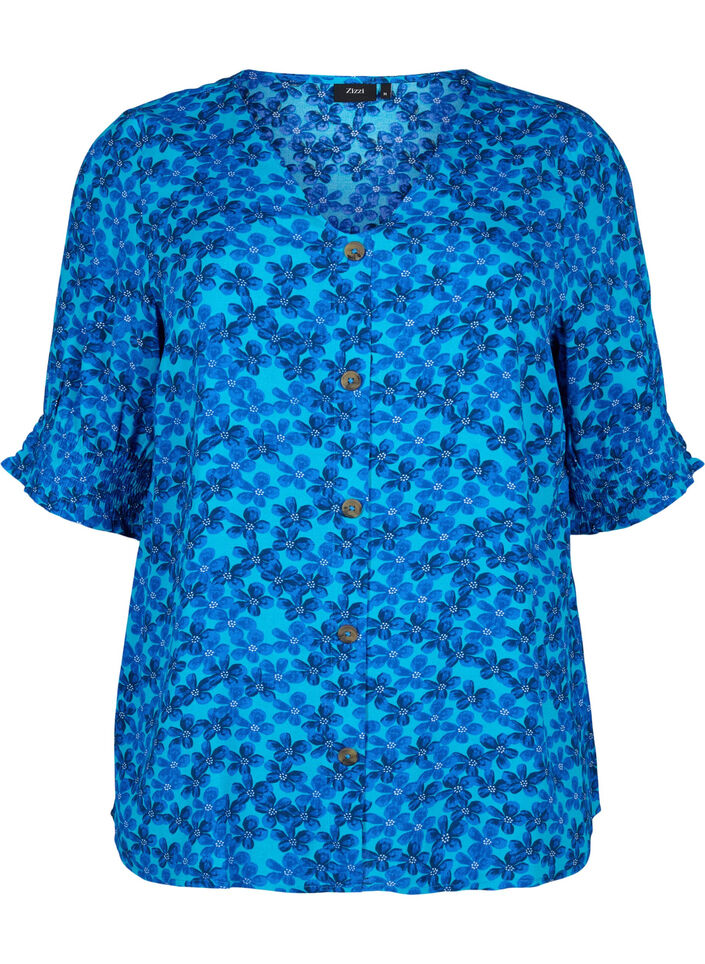 Viskosebluse med knapper, Blue Small Flower, Packshot image number 0
