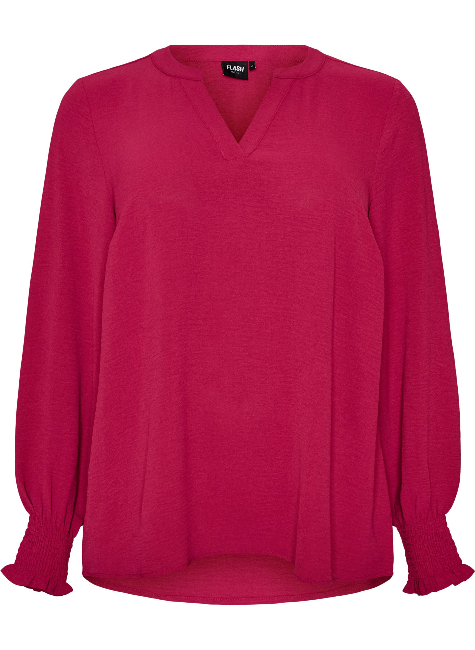 FLASH - Bluse med smock manchetter og V-udsk&aelig;ring