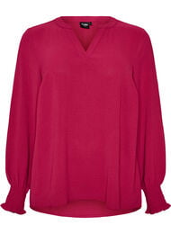 Bluse med smock manchetter og V-udsk&aelig;ring, R&oslash;d