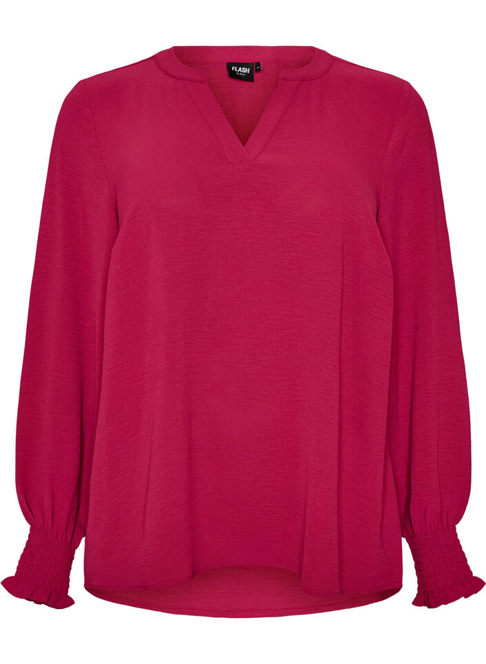 Bluse med smock manchetter og V-udsk&aelig;ring, R&oslash;d, Packshot image number 0