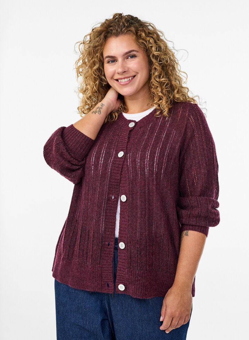Strikket cardigan med hulm&oslash;nster, M&oslash;rk Bordeaux, Model image number 0