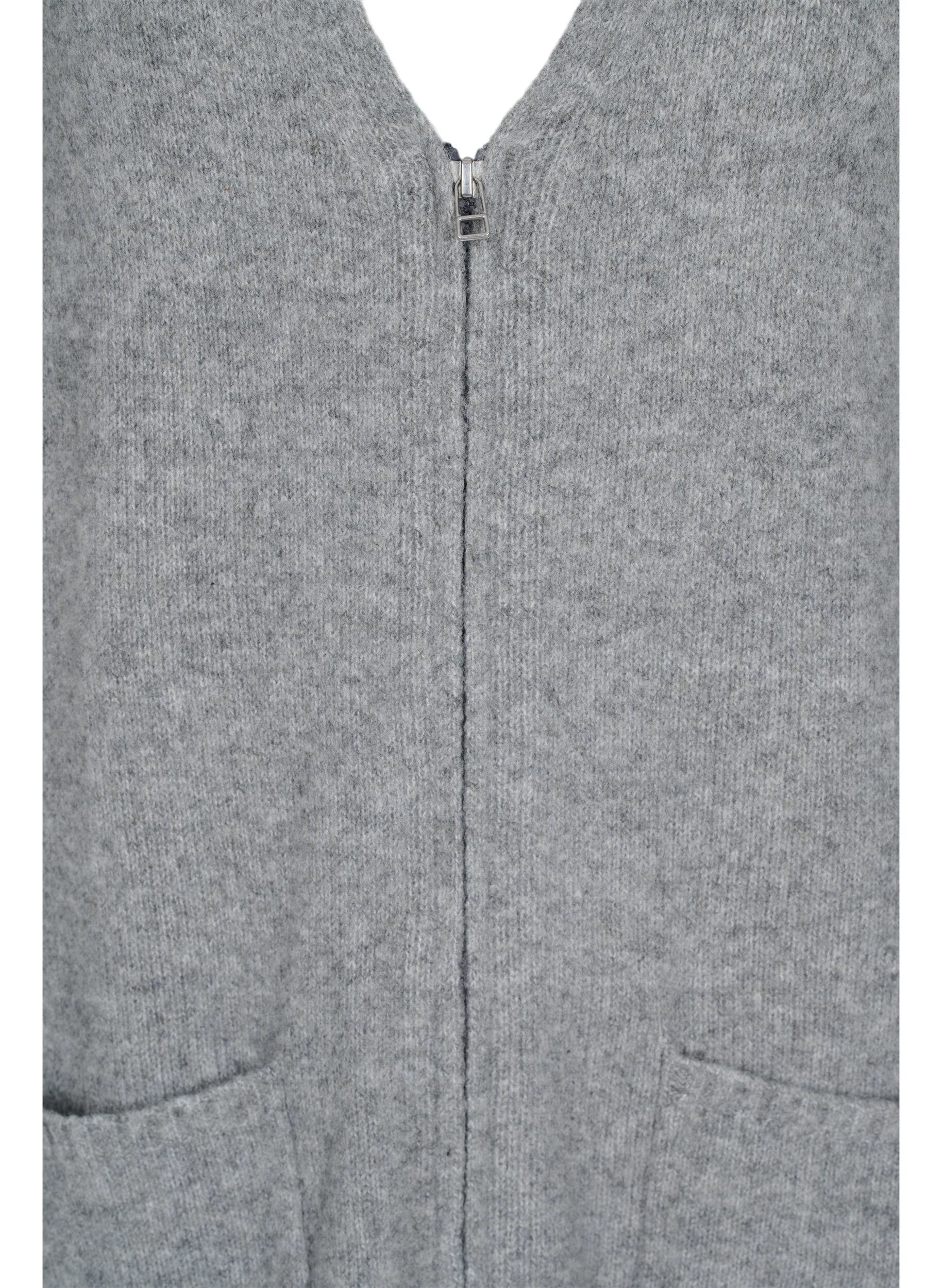 Zizzi Lang strikket cardigan med lynl&aring;s og lommer, Medium Grey Melange, Packshot image number 2