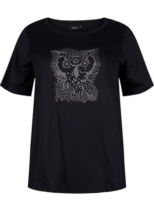 T-shirt med nitter i økologisk bomuld, Black Owl, Packshot image number 0