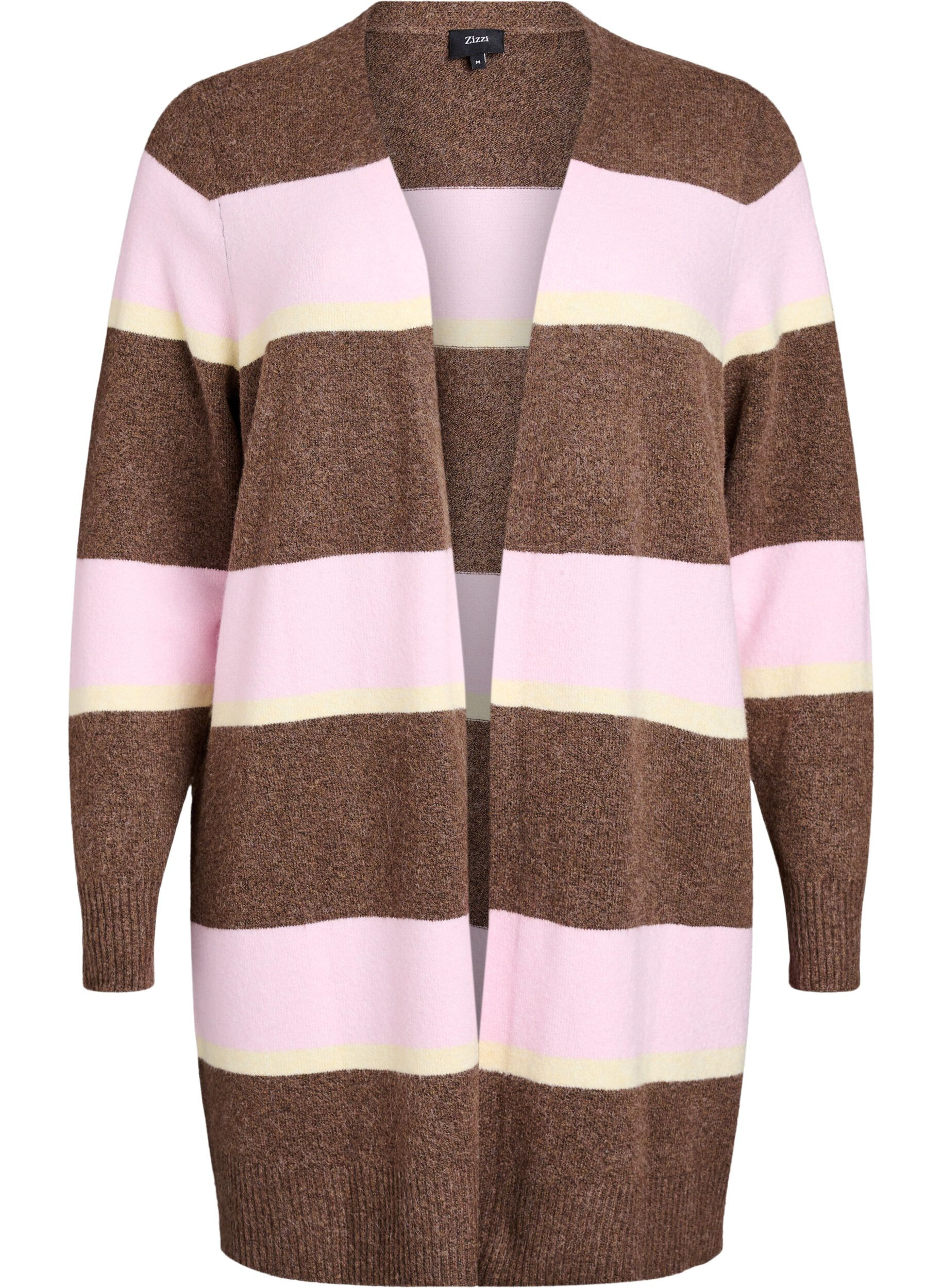 Zizzi Lang strikcardigan med brede striber, Brun, Packshot image number 0