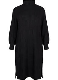 Lang strikkjole med rullekrave og slids, Black