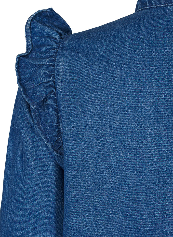 Denimkjole med flæser og a-snit, Blue Denim, Packshot image number 3