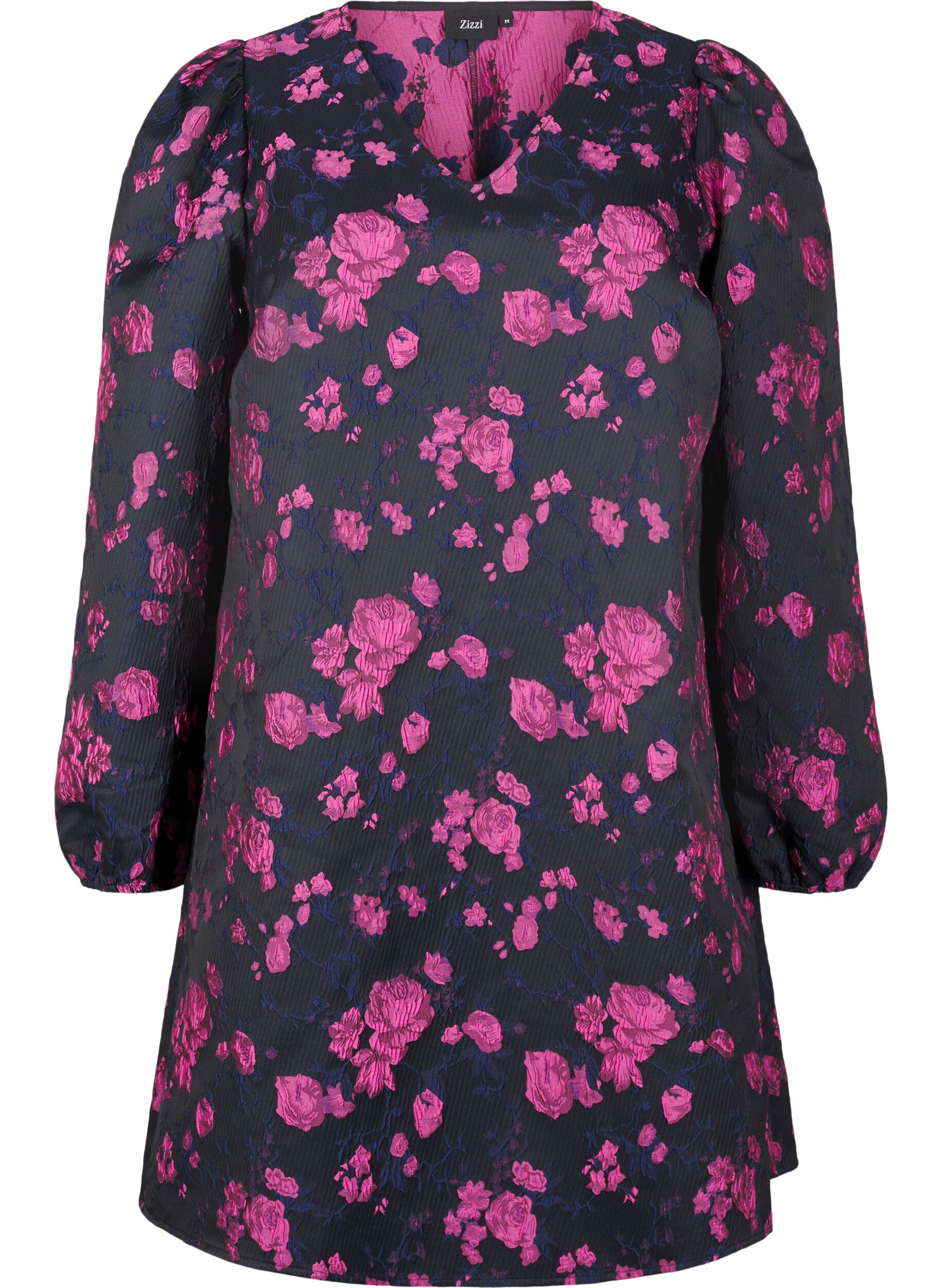 Zizzi Kort jacquard kjole med lange &aelig;rmer, Black w. Red Rose, Packshot image number 0