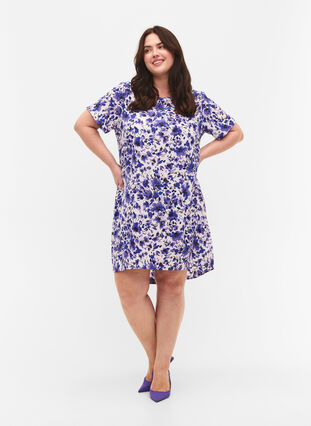 Printet kjole med korte ærmer, Purple Small Flower, Model image number 2