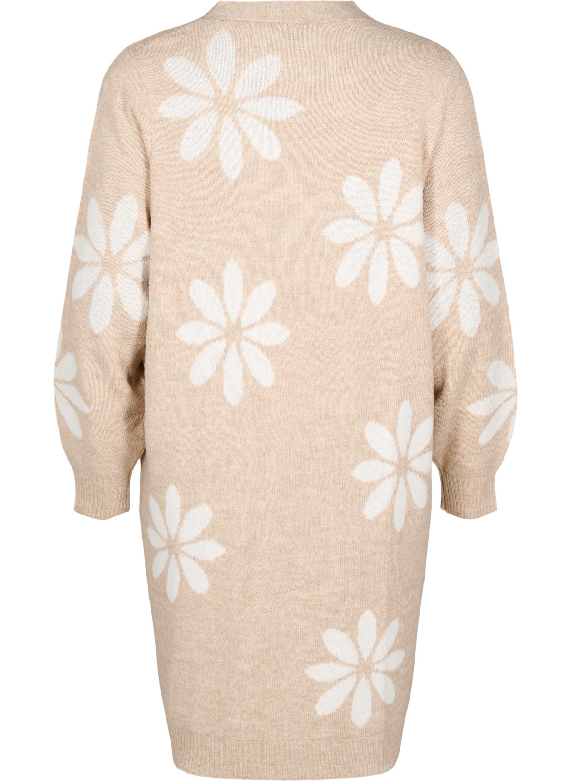 Zizzi Lang strik cardigan med blomster, Simply Taupe Comb, Packshot image number 1