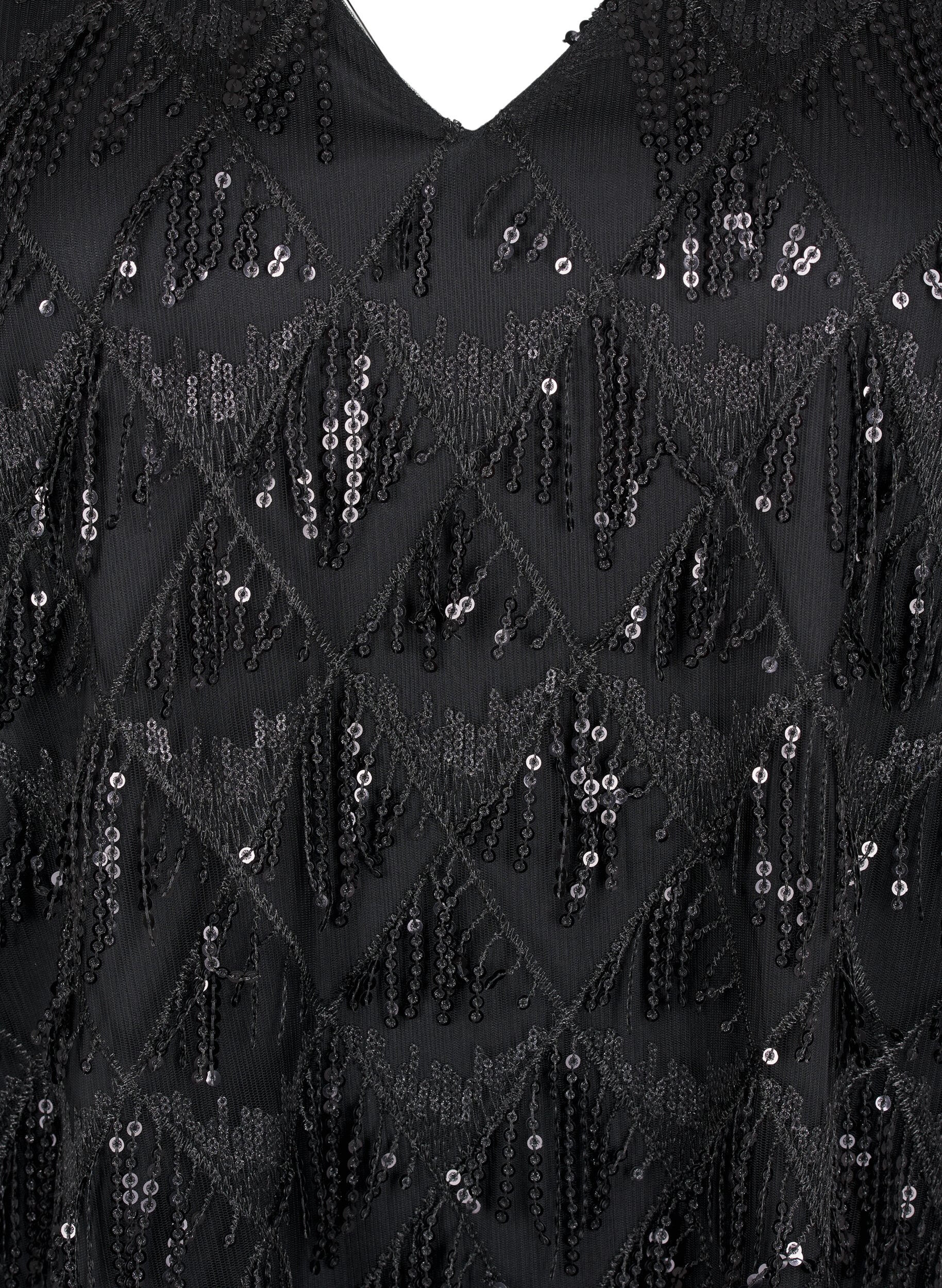 Zizzi Festbluse med pailletfrynser og 3/4 &aelig;rmer, Black, Packshot image number 2