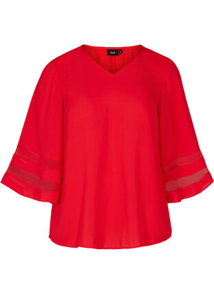 Ensfarvet bluse med 3/4 ærmer og v-hals, Haute Red, Packshot image number 0