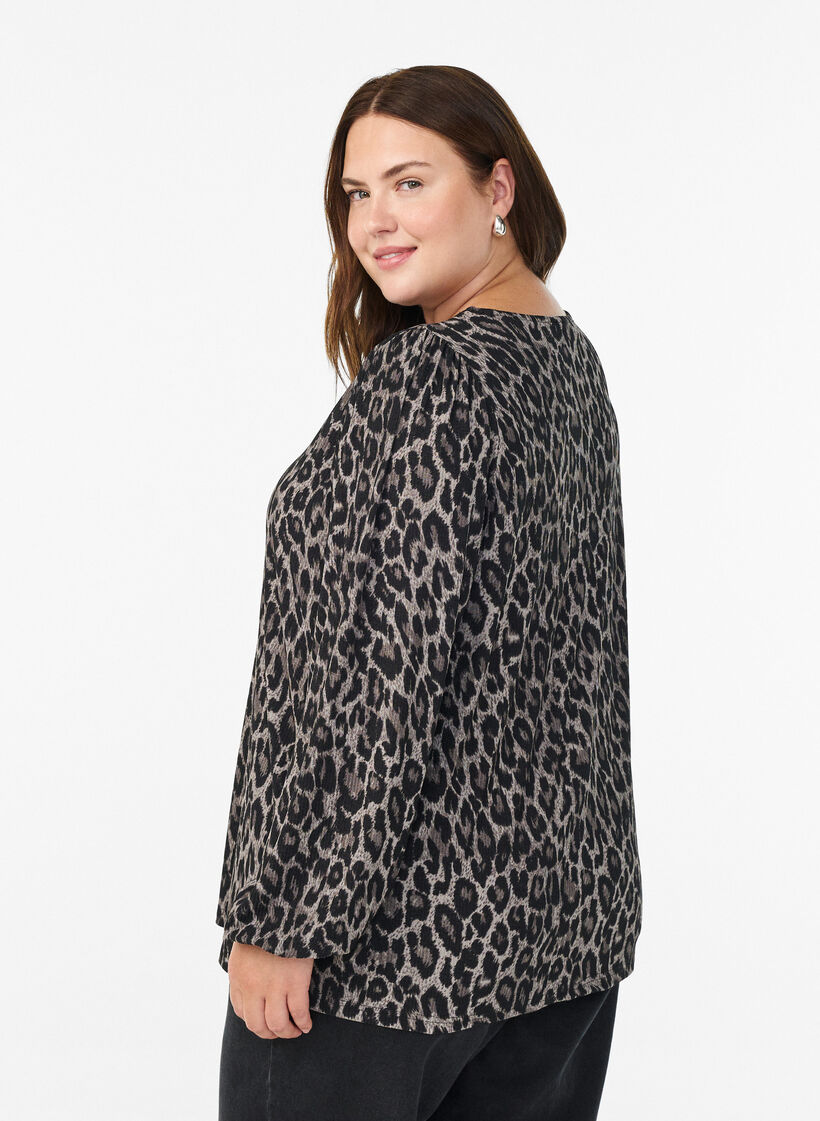 Bluse med lange ærmer og leoprint, Grå, Model image number 2