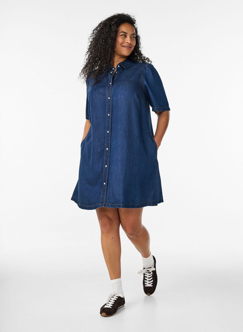 Denimkjole i lyocell med knapper og korte &aelig;rmer, Bl&aring;, Model image number 0