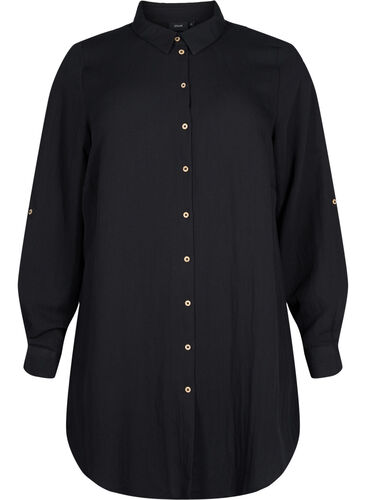 Lang ensfarvet skjorte i viskose , Black, Packshot image number 0