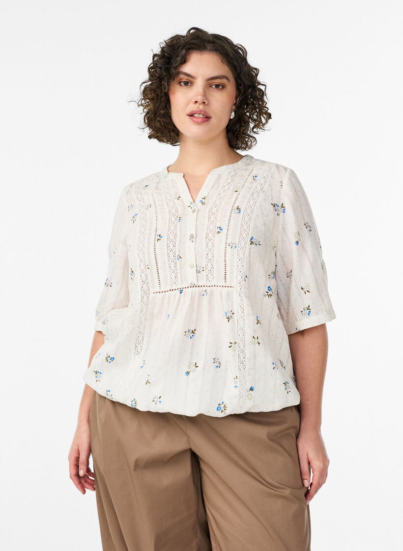 Bluse med print og 1/2 &aelig;rmer, Vanilla, Model image number 0