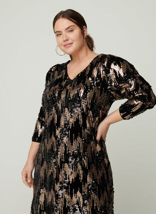 Langærmet velour kjole med pailletter, Black w. Sequins, Model image number 1