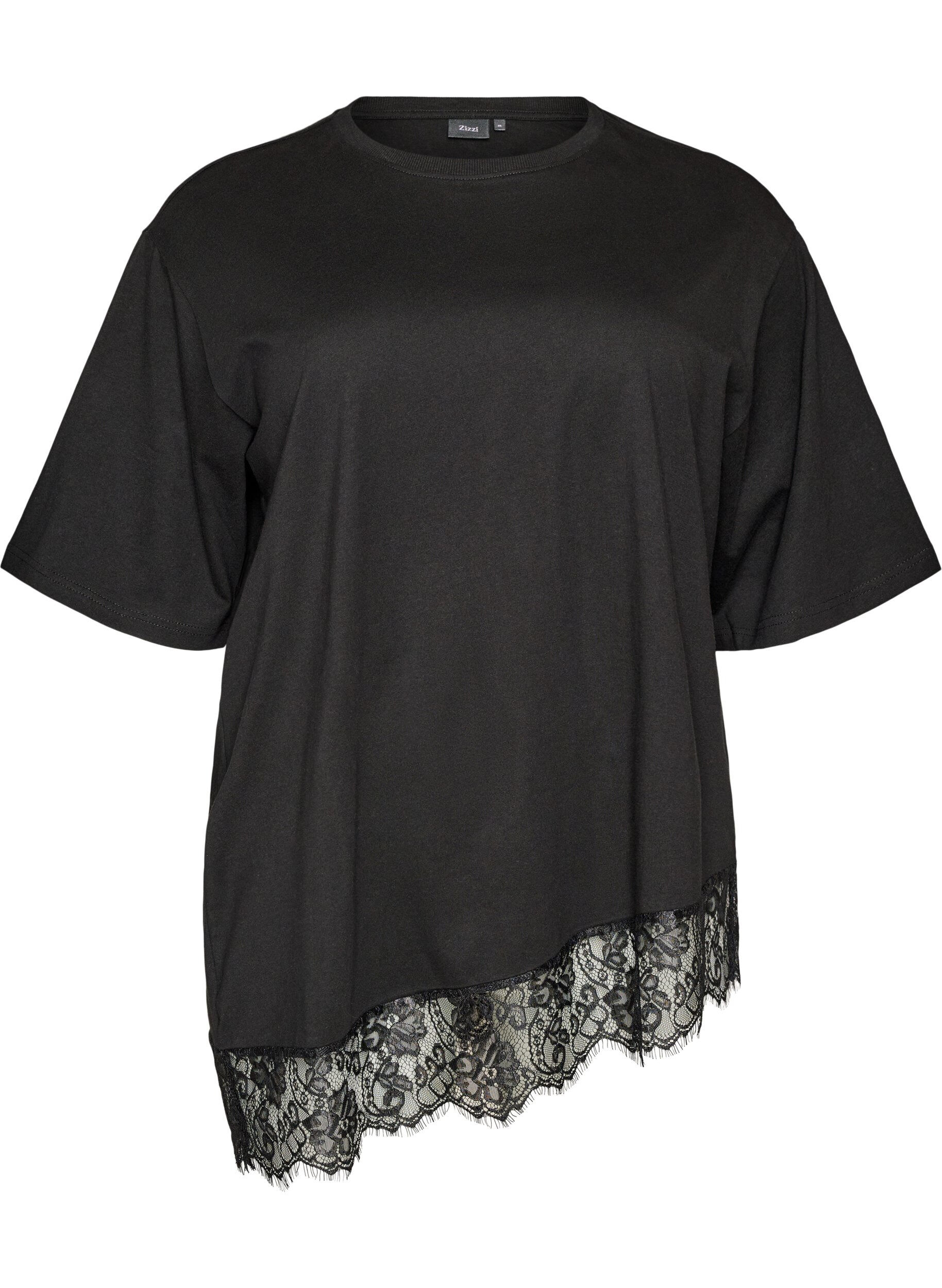 Zizzi T-shirt med asymmetrisk blondekant, Sort, Packshot image number 0