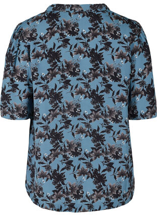Blomstret visksoe bluse med korte ærmer og krave, Blue w. Flower AOP, Packshot image number 1