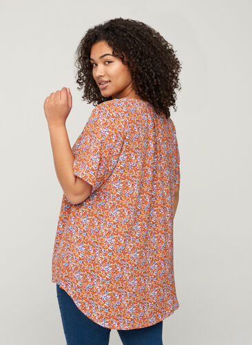 Printet bluse med korte ærmer, Orange Flower AOP, Model image number 1