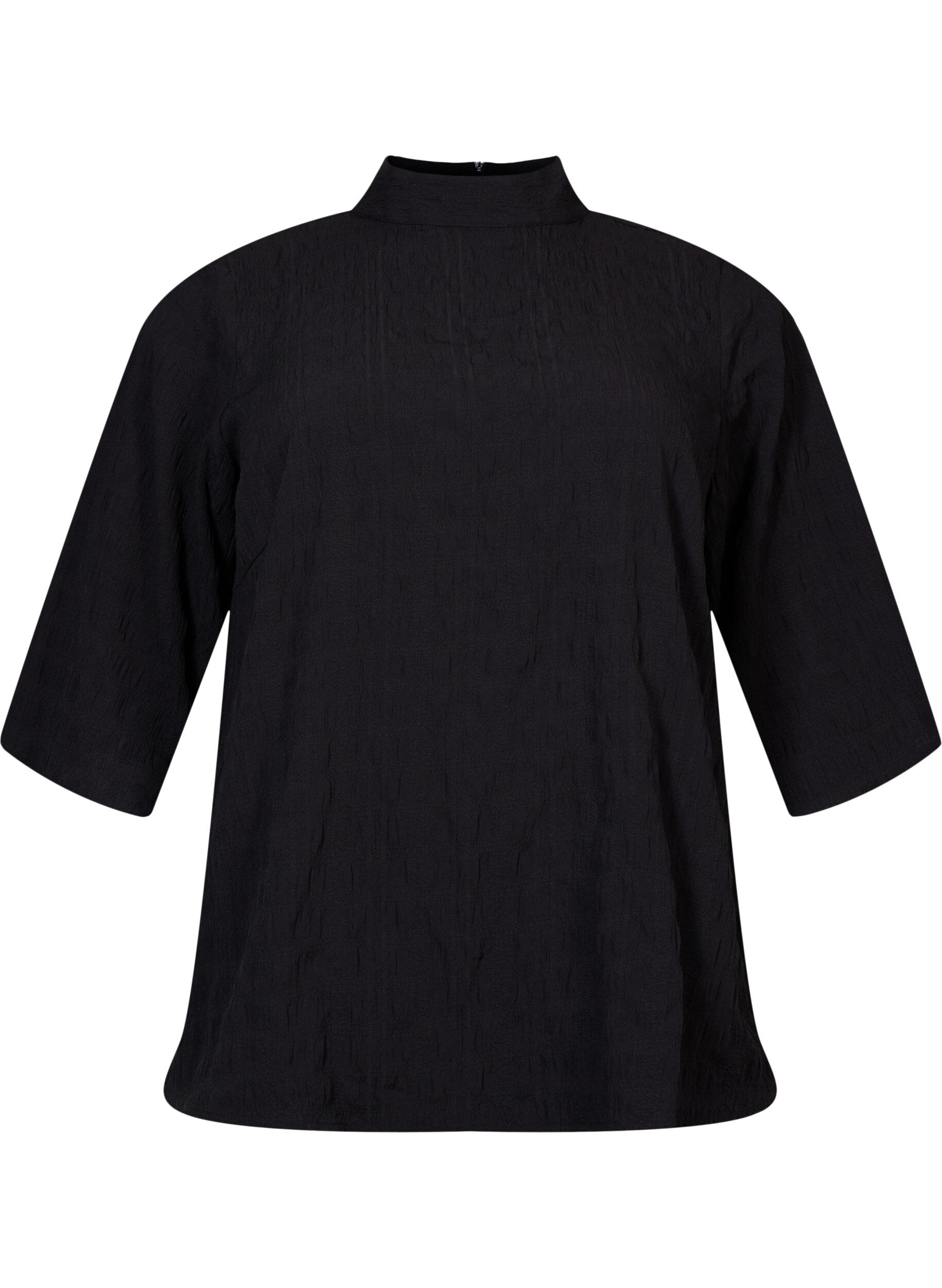 Zizzi Bluse med h&oslash;j hals og 3/4 &aelig;rmer, Black, Packshot image number 0
