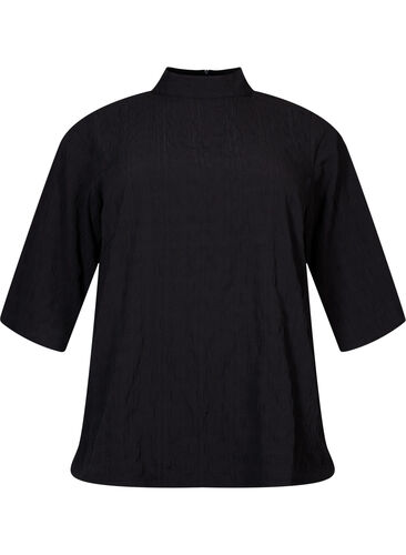 Bluse med høj hals og 3/4 ærmer, Black, Packshot image number 0
