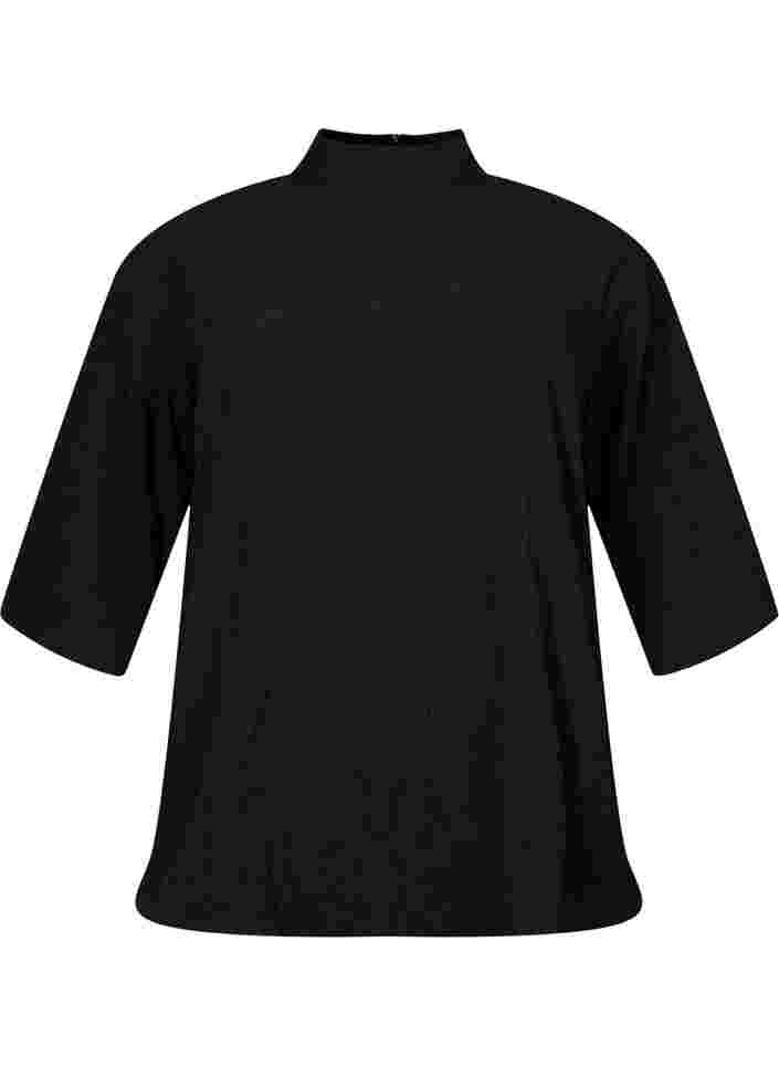 Bluse med høj hals og 3/4 ærmer, Black, Packshot image number 0