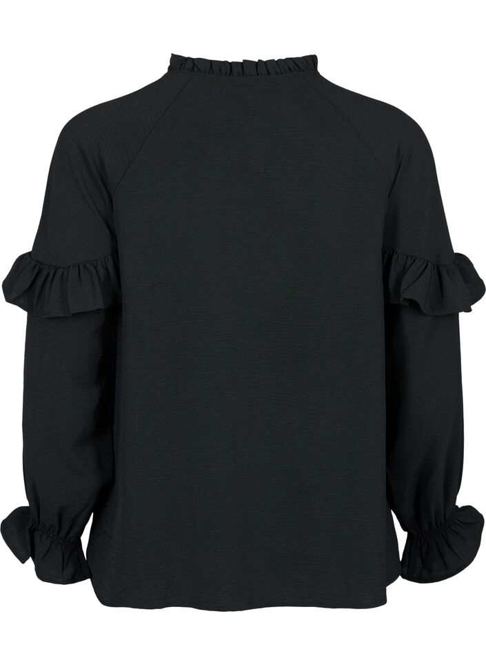 Bluse med fl&aelig;ser og knapper, Black, Packshot image number 1