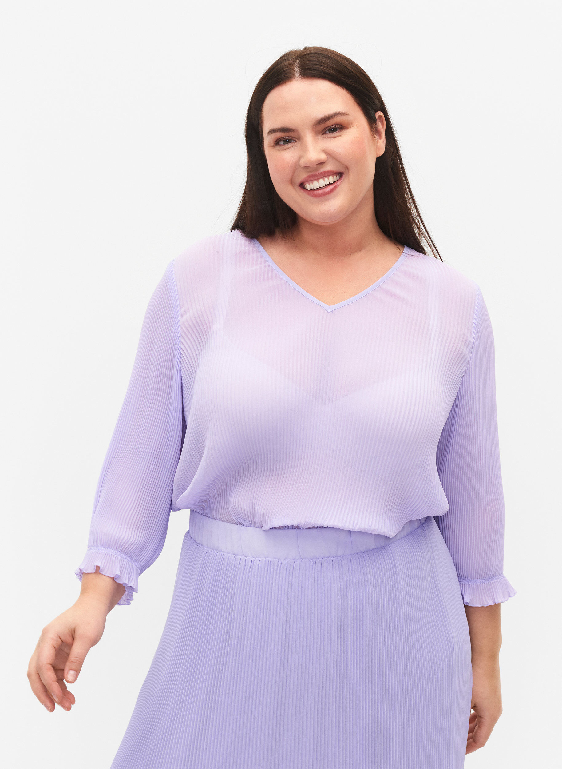 Zizzi Plisseret bluse med 3/4 &aelig;rmer, Lavender, Model image number 0