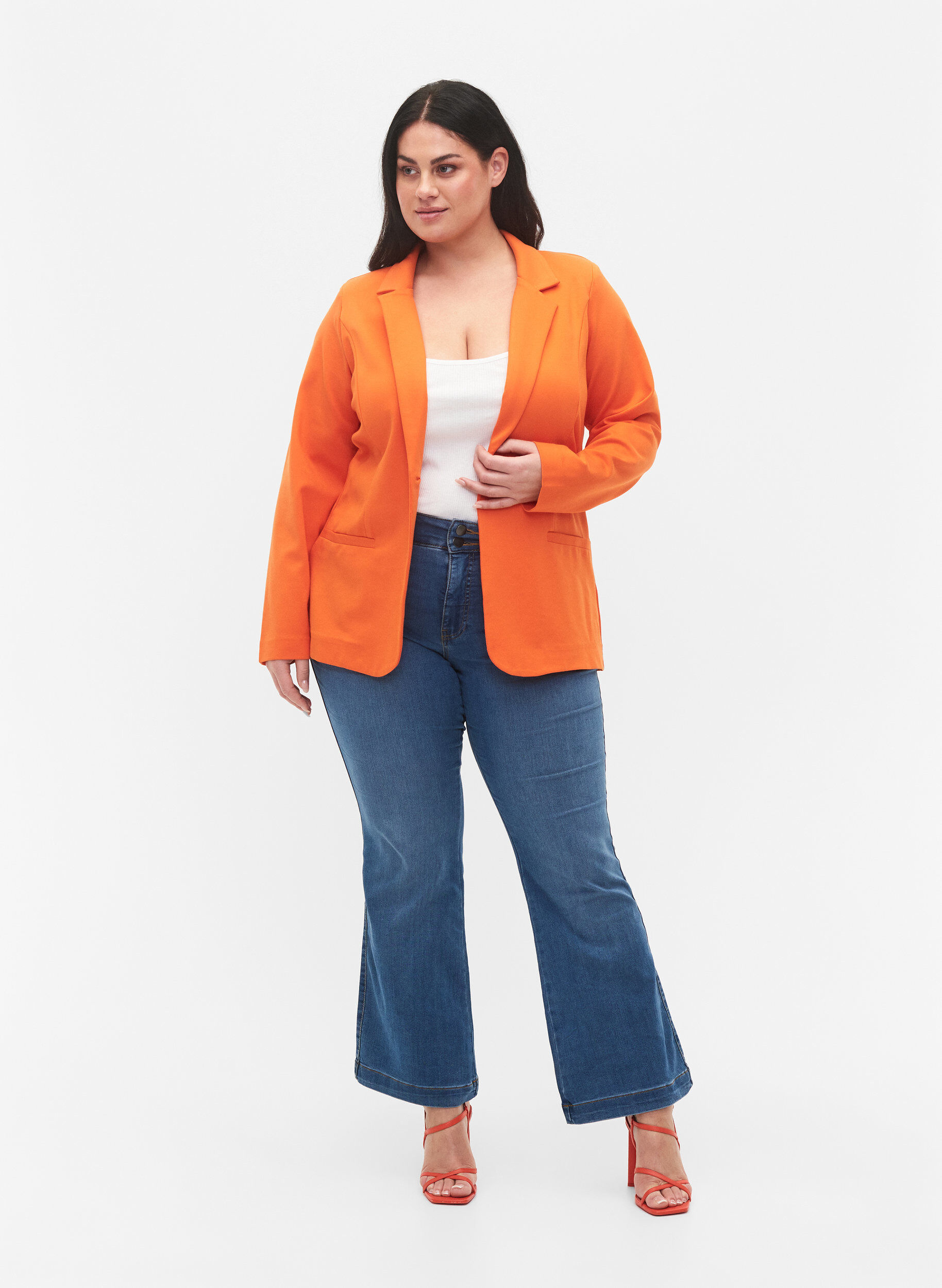 Zizzi Enkel blazer med knaplukning, Mandarin Orange, Model image number 2