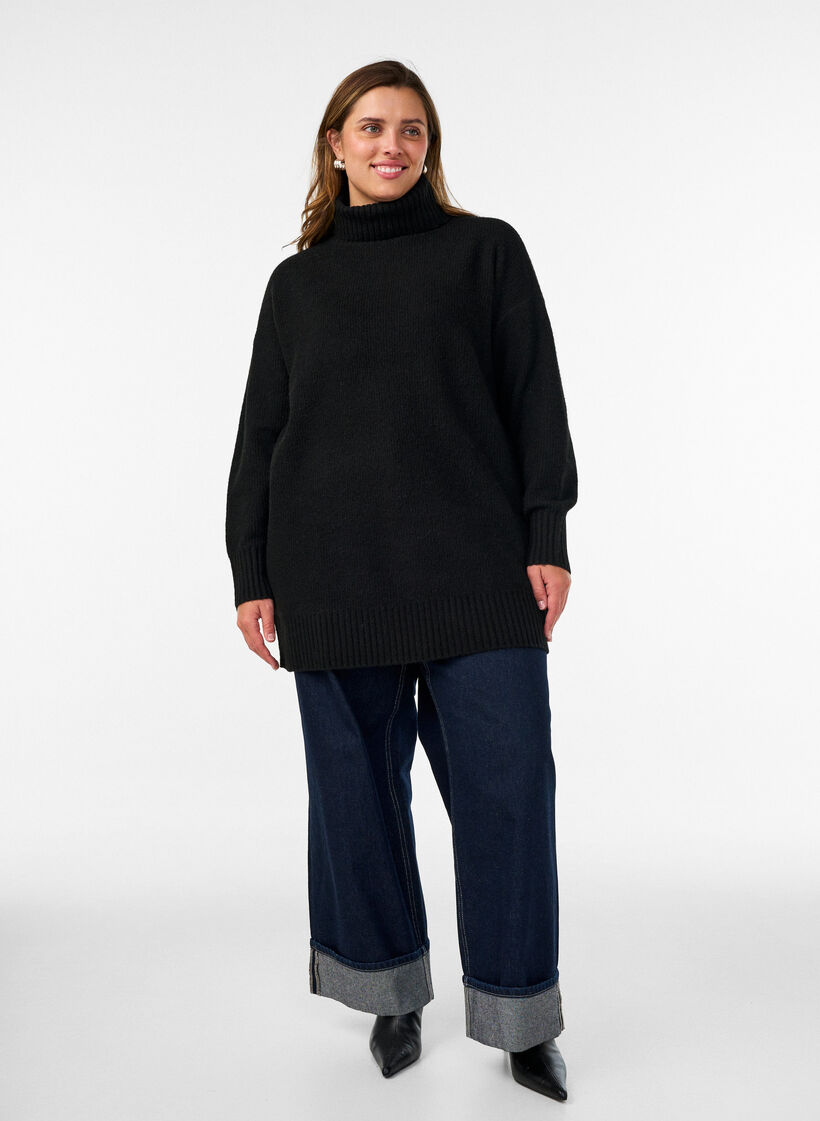 L&oslash;s strikbluse med rullekrave, Sort, Model image number 1