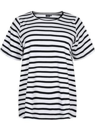 Stribet t-shirt i økologisk bomuld, Black Stripes, Packshot image number 0