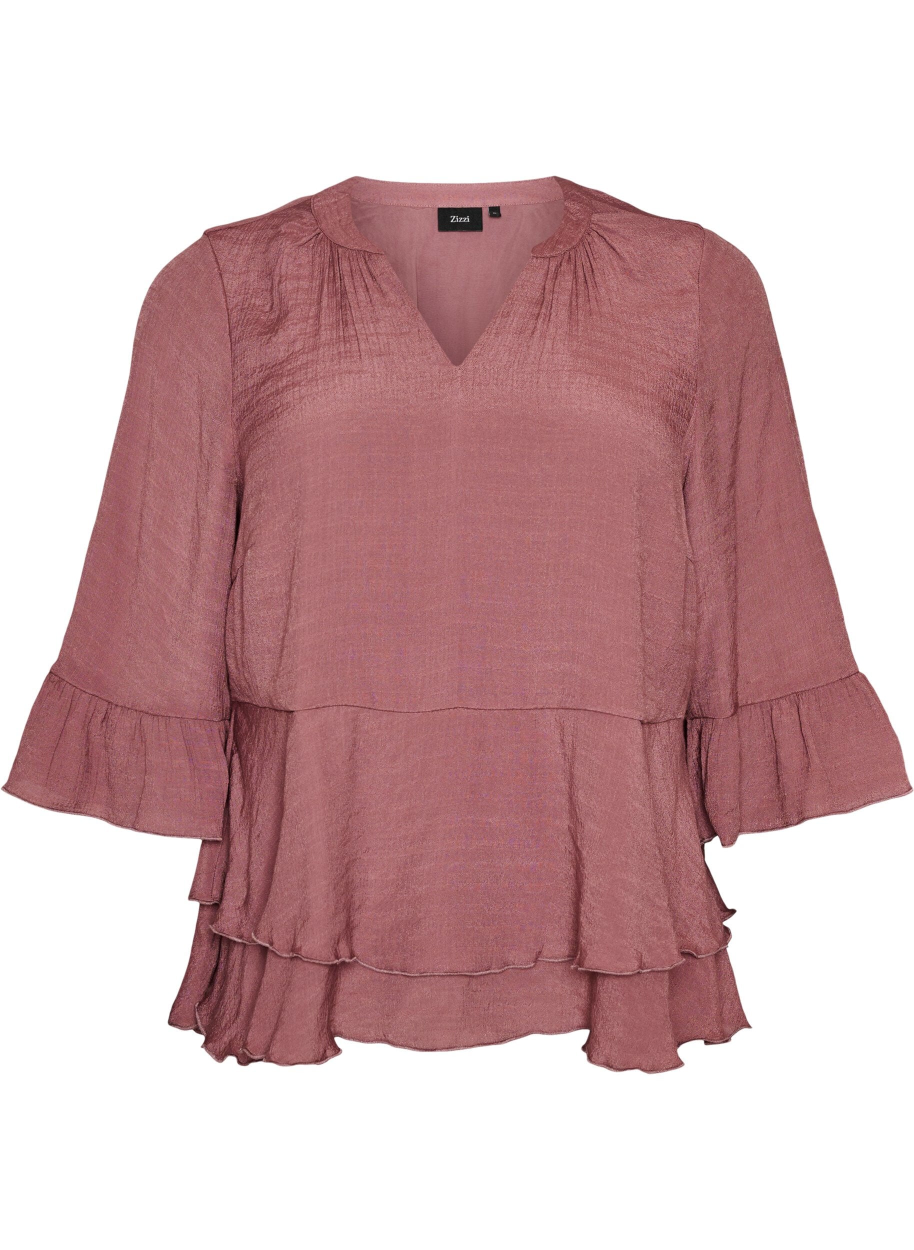 ZizziBluse med 3/4-&aelig;rmer og fl&aelig;sedetaljer, Lyser&oslash;d, Packshot image number 0