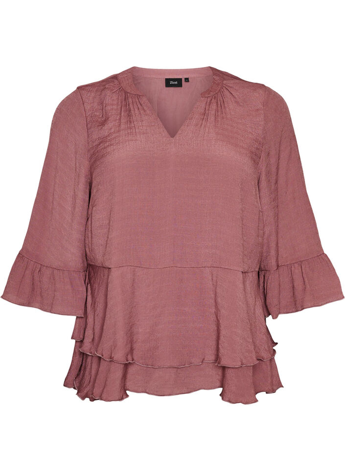 Bluse med 3/4-&aelig;rmer og fl&aelig;sedetaljer, Lyser&oslash;d, Packshot image number 0