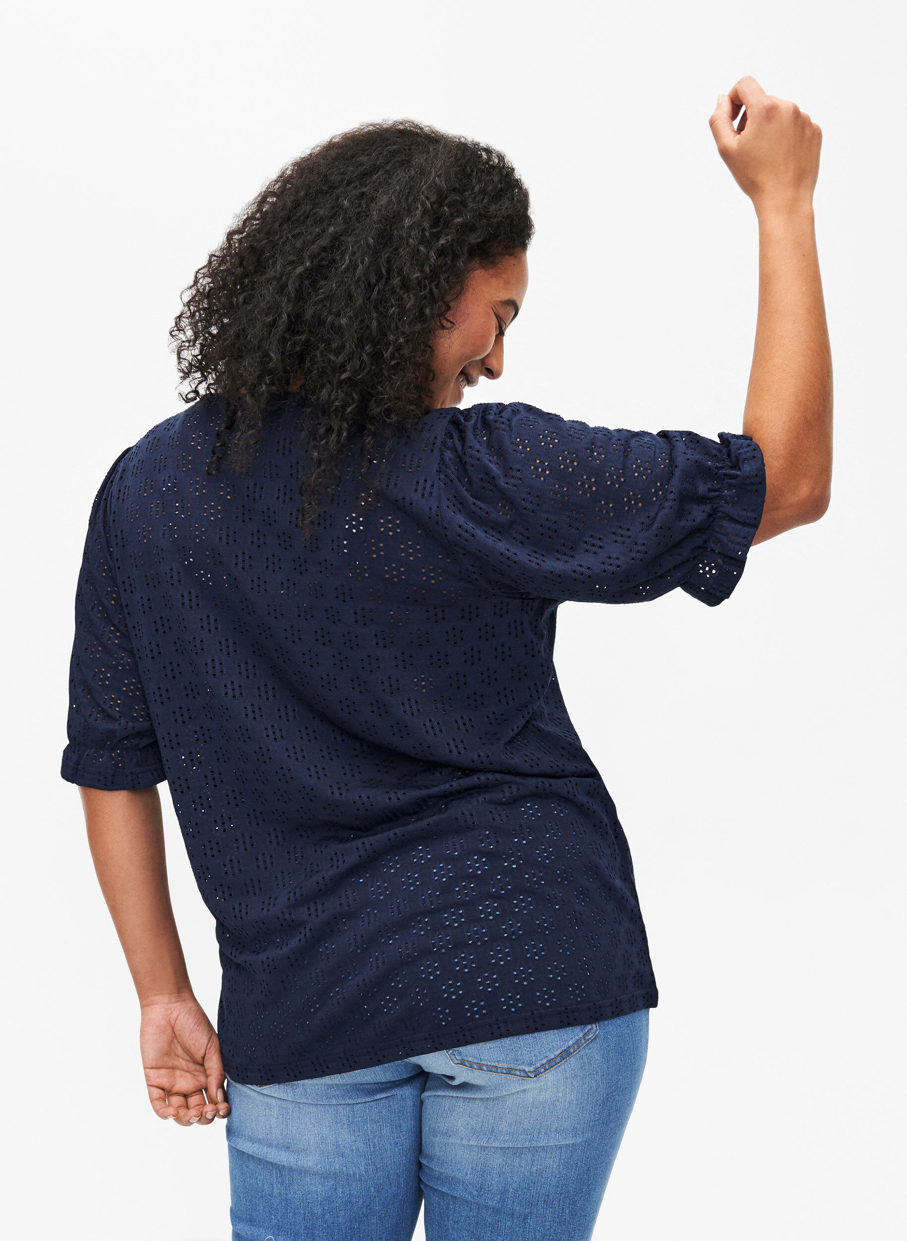 Zizzi V-hals bluse med hulm&oslash;nster, Navy Blazer, Model image number 1