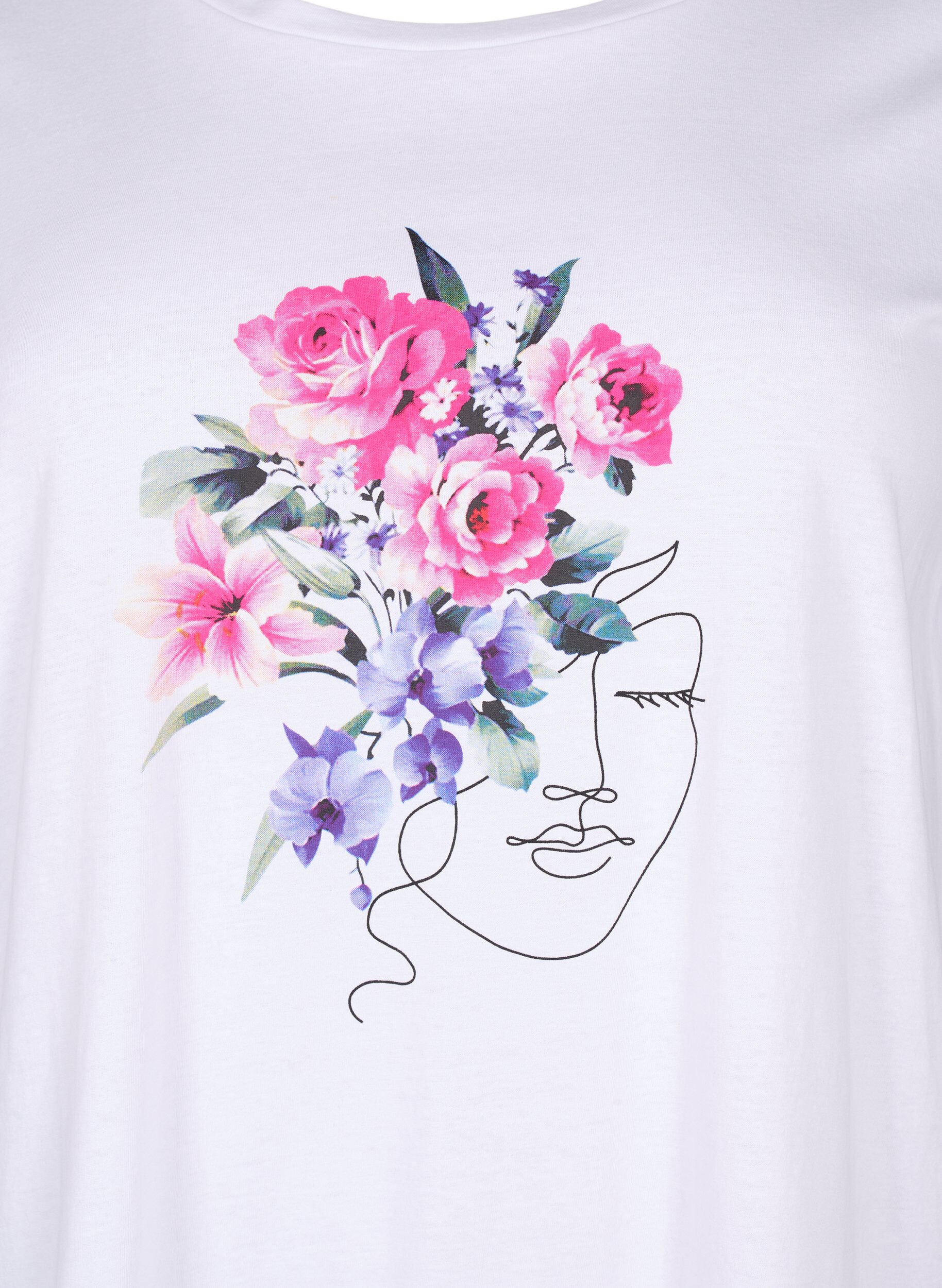 Zizzi Bomulds t-shirt med blomster og portr&aelig;t motiv, B. White Face Flower, Packshot image number 2