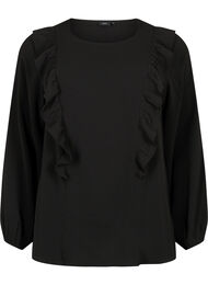 Langærmet bluse med flæser, Black