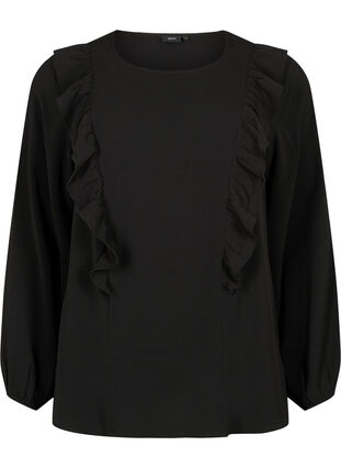 Langærmet bluse med flæser, Black, Packshot image number 0