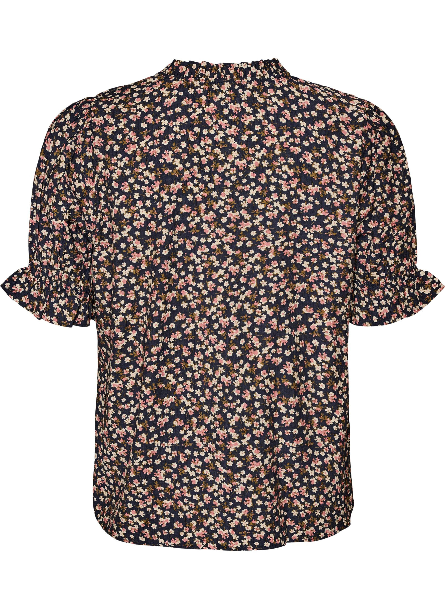 ZizziBlomstret viscosebluse med korte &aelig;rmer og smockdetaljer, Bl&aring;, Packshot image number 1