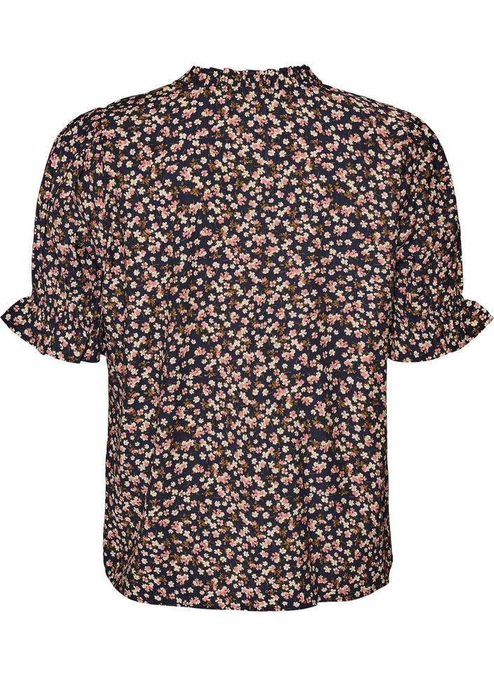Blomstret viscosebluse med korte &aelig;rmer og smockdetaljer, Bl&aring;, Packshot image number 1