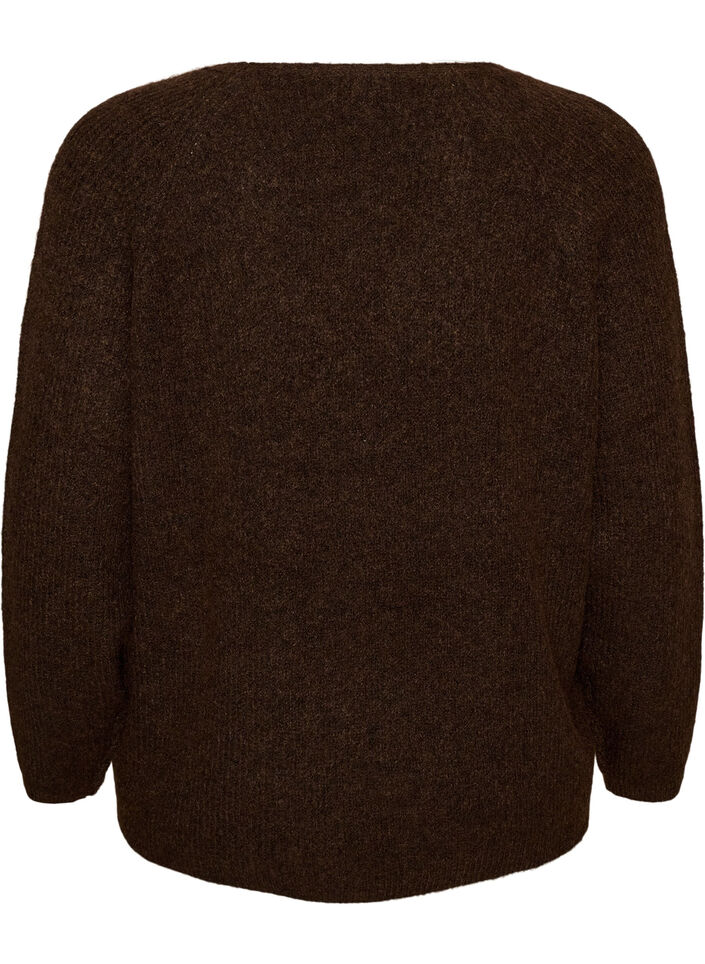 Strikbluse med V-hals og raglan&aelig;rmer, Brun, Packshot image number 1
