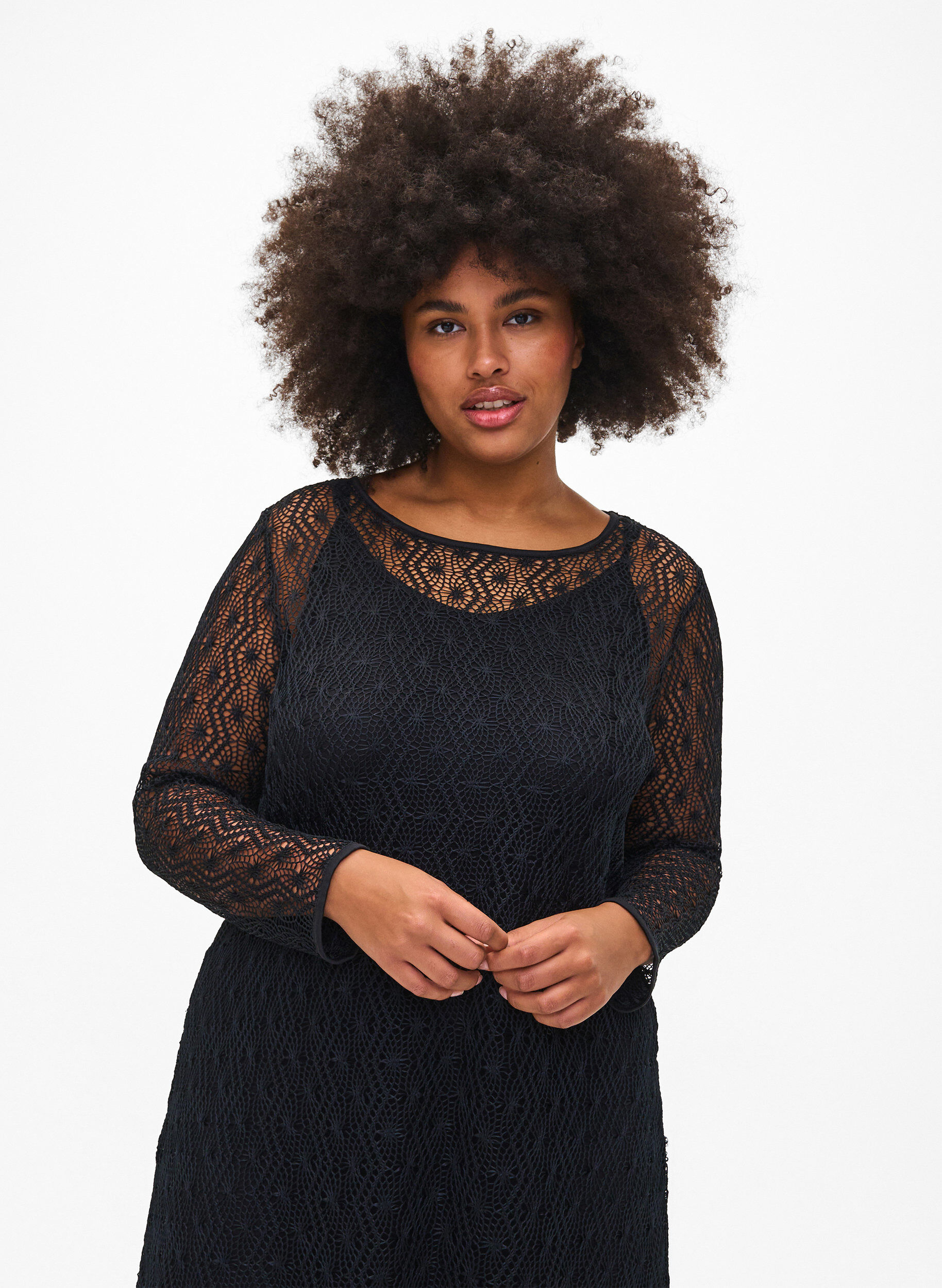 Zizzi Crochetkjole med lange &aelig;rmer, Black, Model image number 2