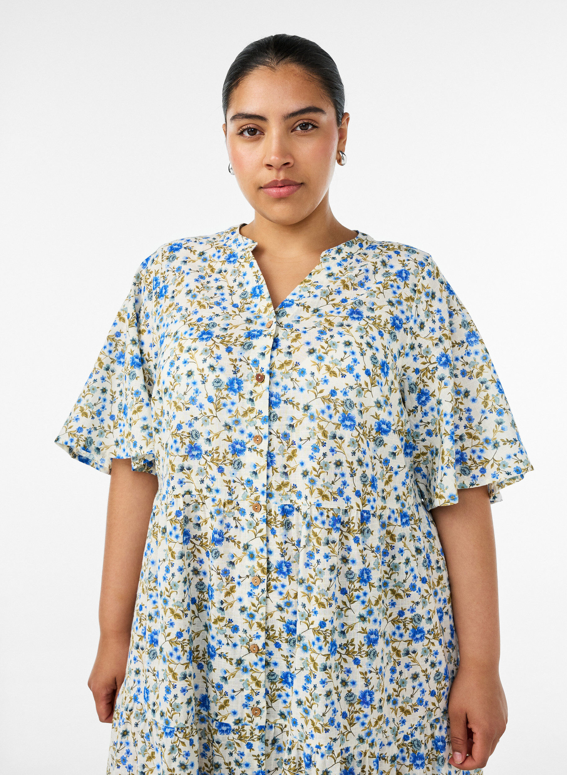 ZizziMidikjole i bomuld med blomsterprint, Bl&aring;, Model image number 2