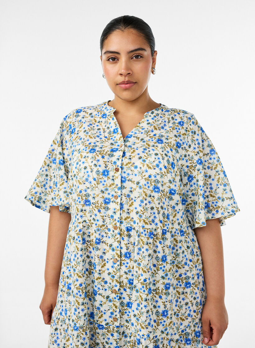Midikjole i bomuld med blomsterprint, Bl&aring;, Model image number 2