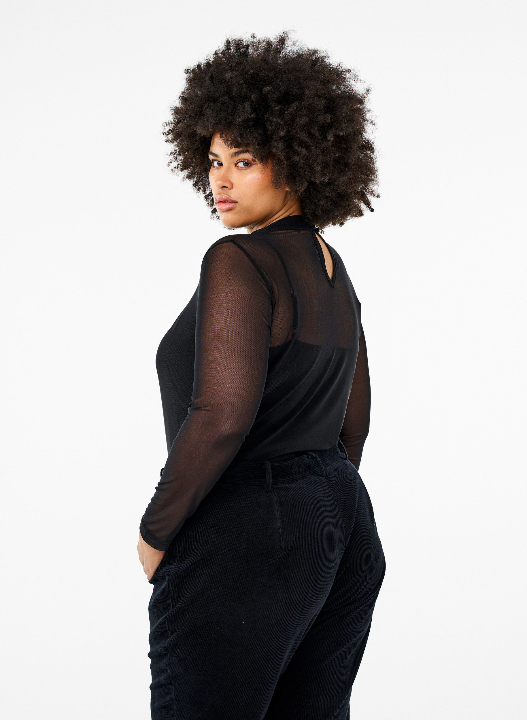 Zizzi T&aelig;tsiddende meshbluse med lange &aelig;rmer, Sort, Model image number 2