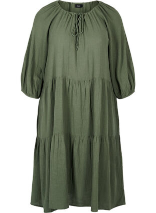 Bomulds kjole med 3/4 ærmer og bindedetalje, Thyme, Packshot image number 0