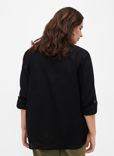 Skjortebluse med knaplukning i bomuldsmix med hør, Black, Model image number 1